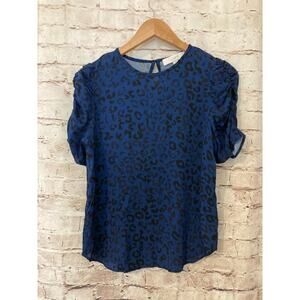 LOFT Shirt Womens Small Royal Blue Animal Print Short Sleeve Scoop Neck